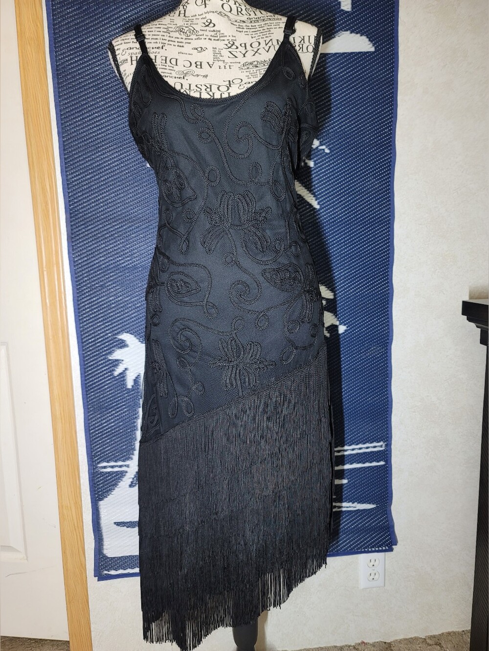NWT Kroshetta by Papillon Black Soutache Embroidered Fringe Flapper Dress L